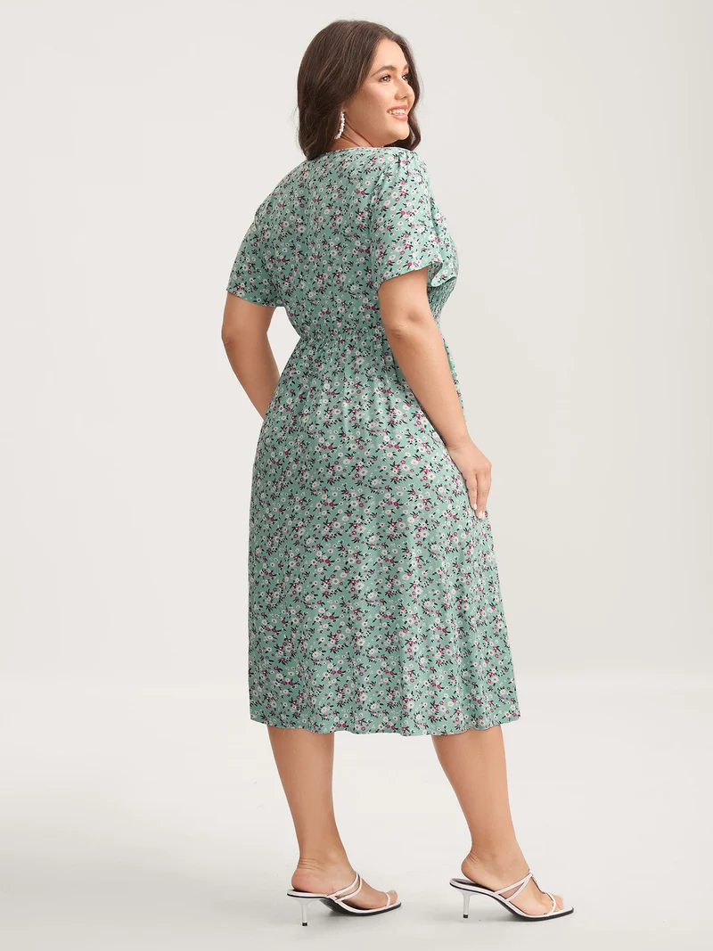 Rayon Ditsy Floral Print Shirred Midi Dress