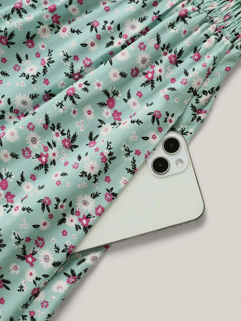 Rayon Ditsy Floral Print Shirred Midi Dress