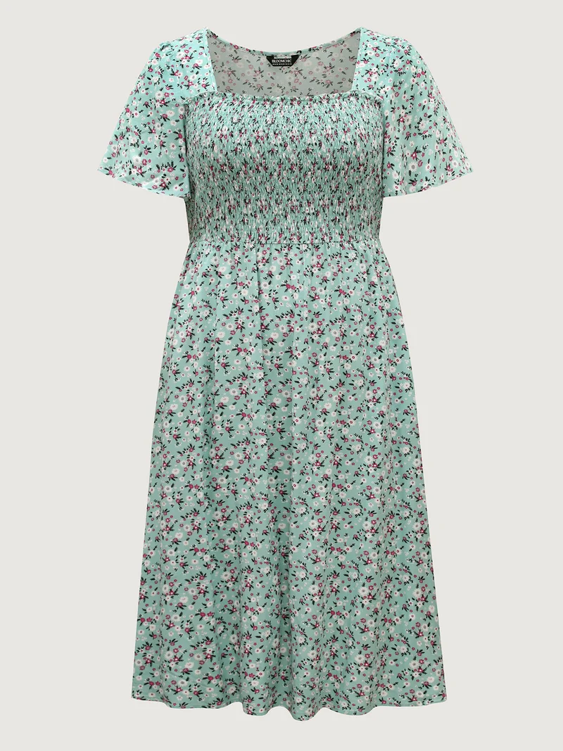 Rayon Ditsy Floral Print Shirred Midi Dress