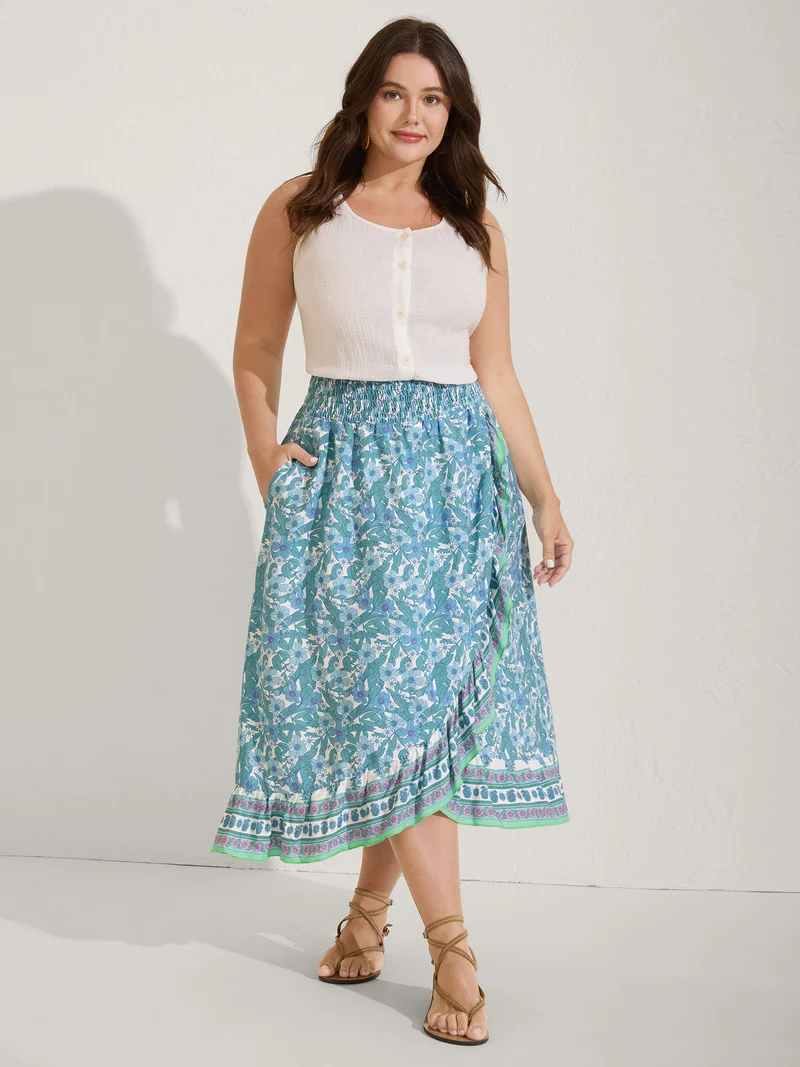 Floral Ruffled Wrap Midi Skirt