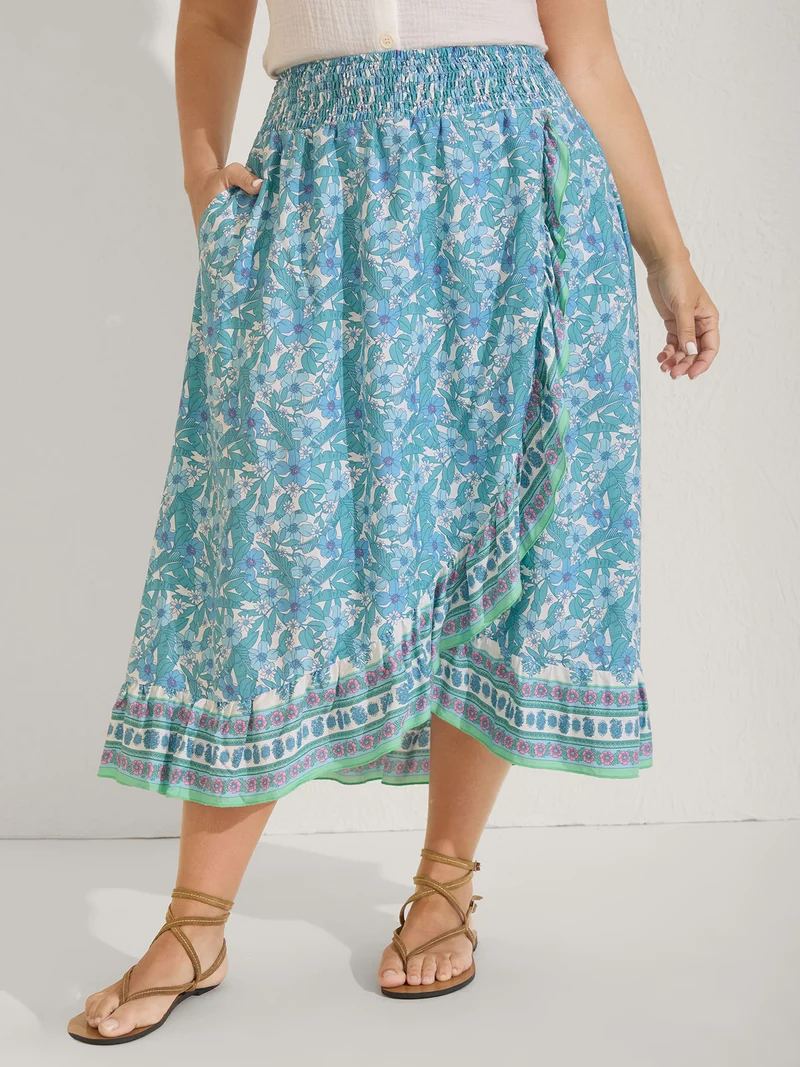 Floral Ruffled Wrap Midi Skirt