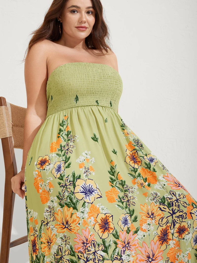 Shirred Off-Sleeve Floral Print Maxi Dress