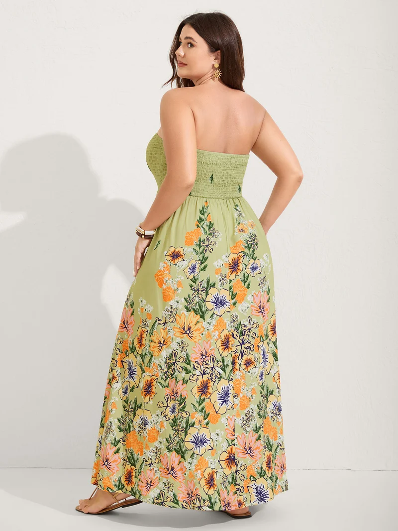 Shirred Off-Sleeve Floral Print Maxi Dress