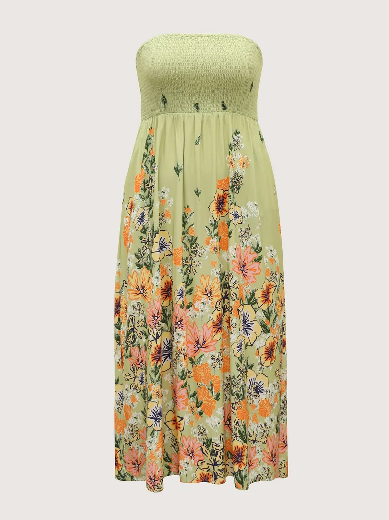 Shirred Off-Sleeve Floral Print Maxi Dress