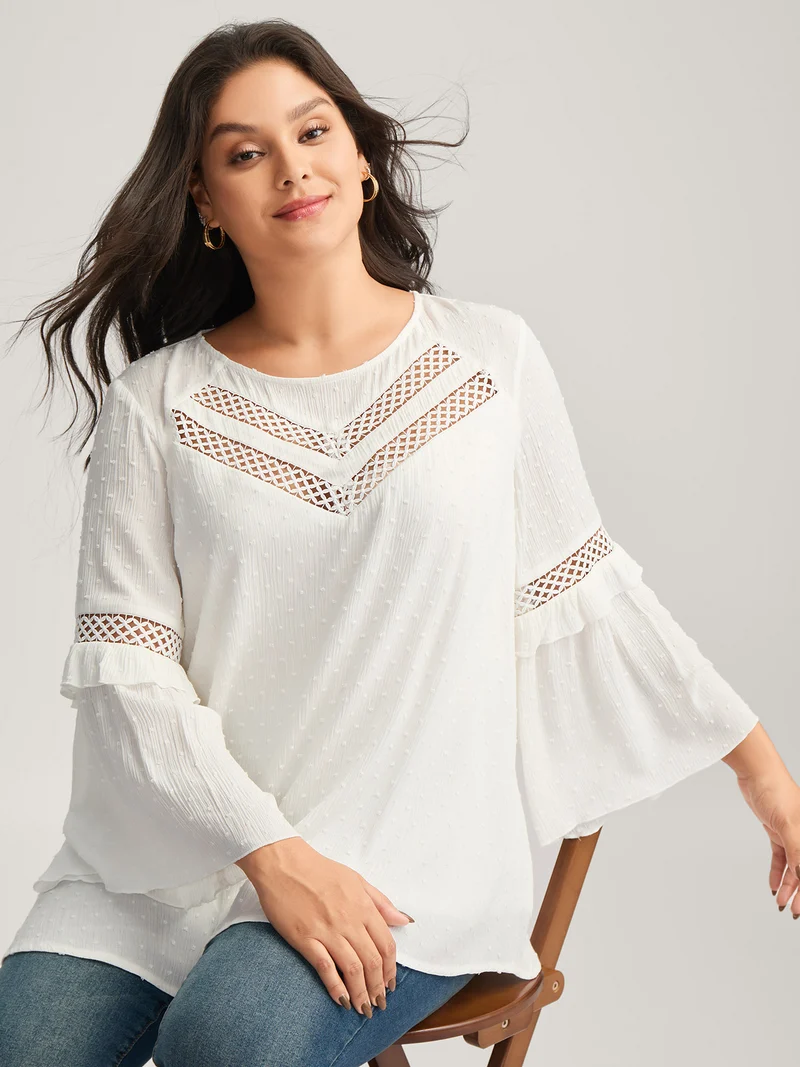Lace Trim Textured Flowy Solid Blouse