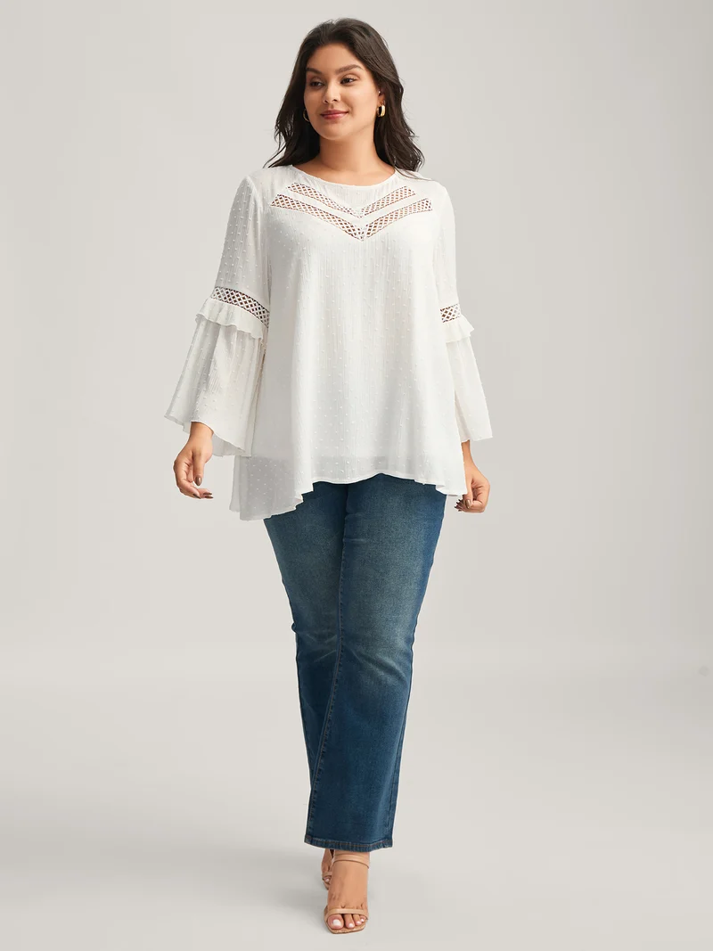 Lace Trim Textured Flowy Solid Blouse