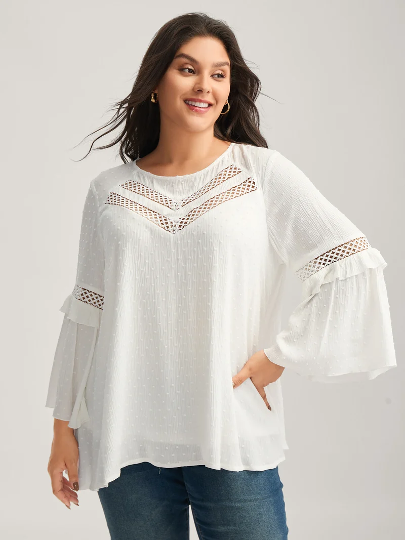 Lace Trim Textured Flowy Solid Blouse