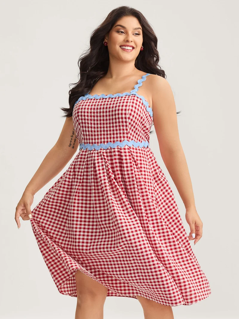 Cotton Sweet Gingham Print Stretchy Waist Midi Dress
