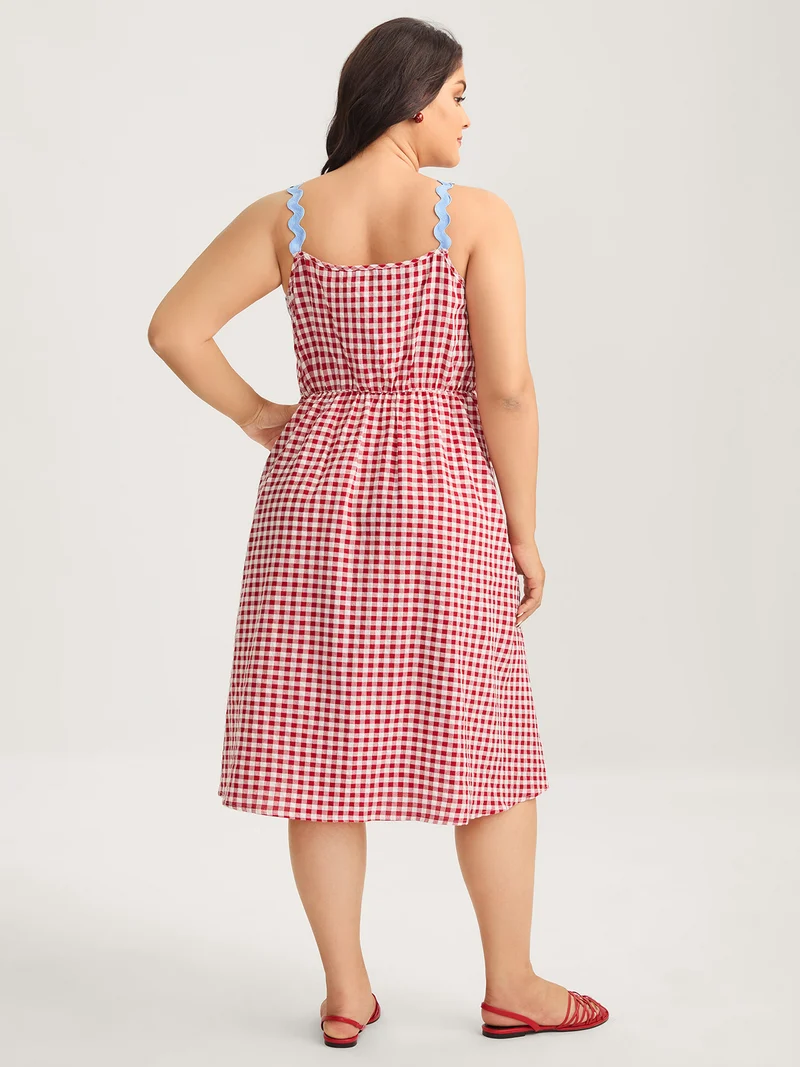 Cotton Sweet Gingham Print Stretchy Waist Midi Dress