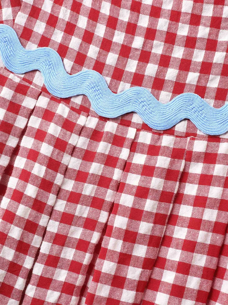 Cotton Sweet Gingham Print Stretchy Waist Midi Dress