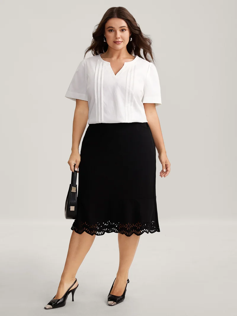 Toothpick Pleats Notched Collar Solid Blouse