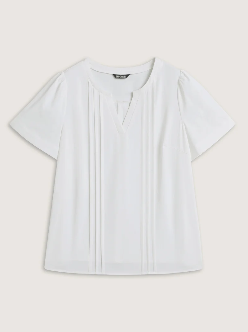 Toothpick Pleats Notched Collar Solid Blouse