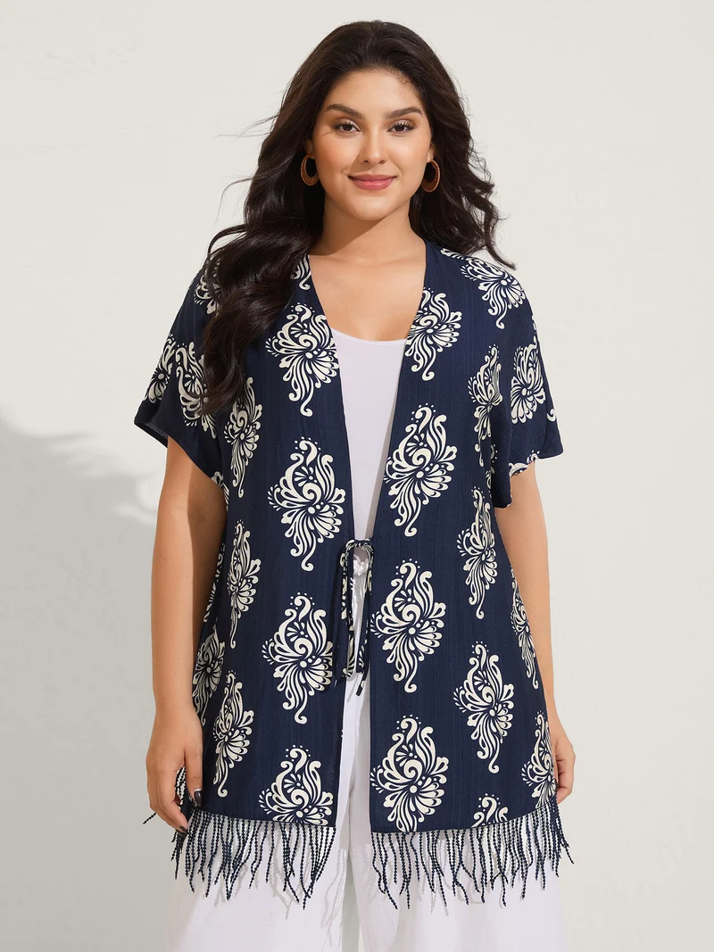 Boho Print Tassels Hem Kimono