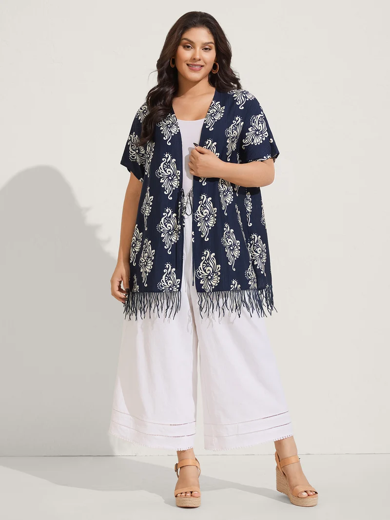 Boho Print Tassels Hem Kimono