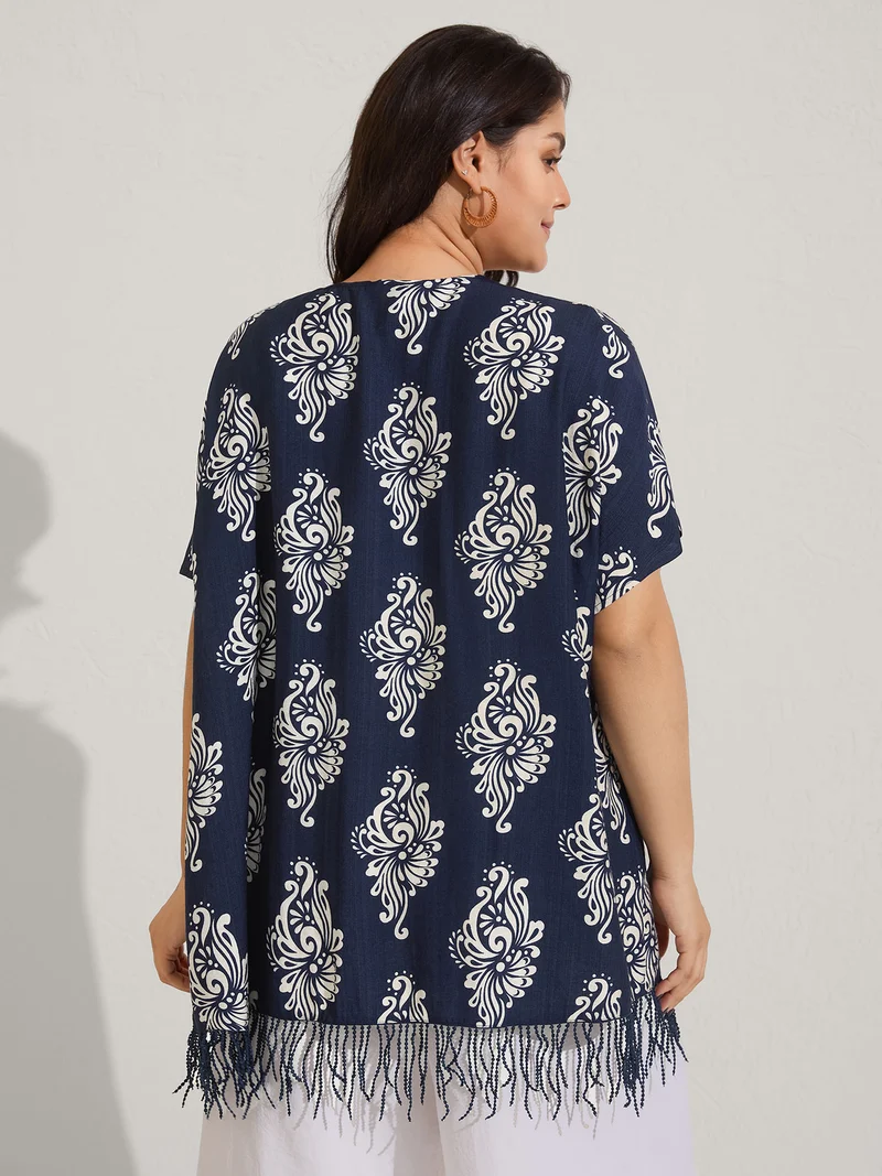 Boho Print Tassels Hem Kimono