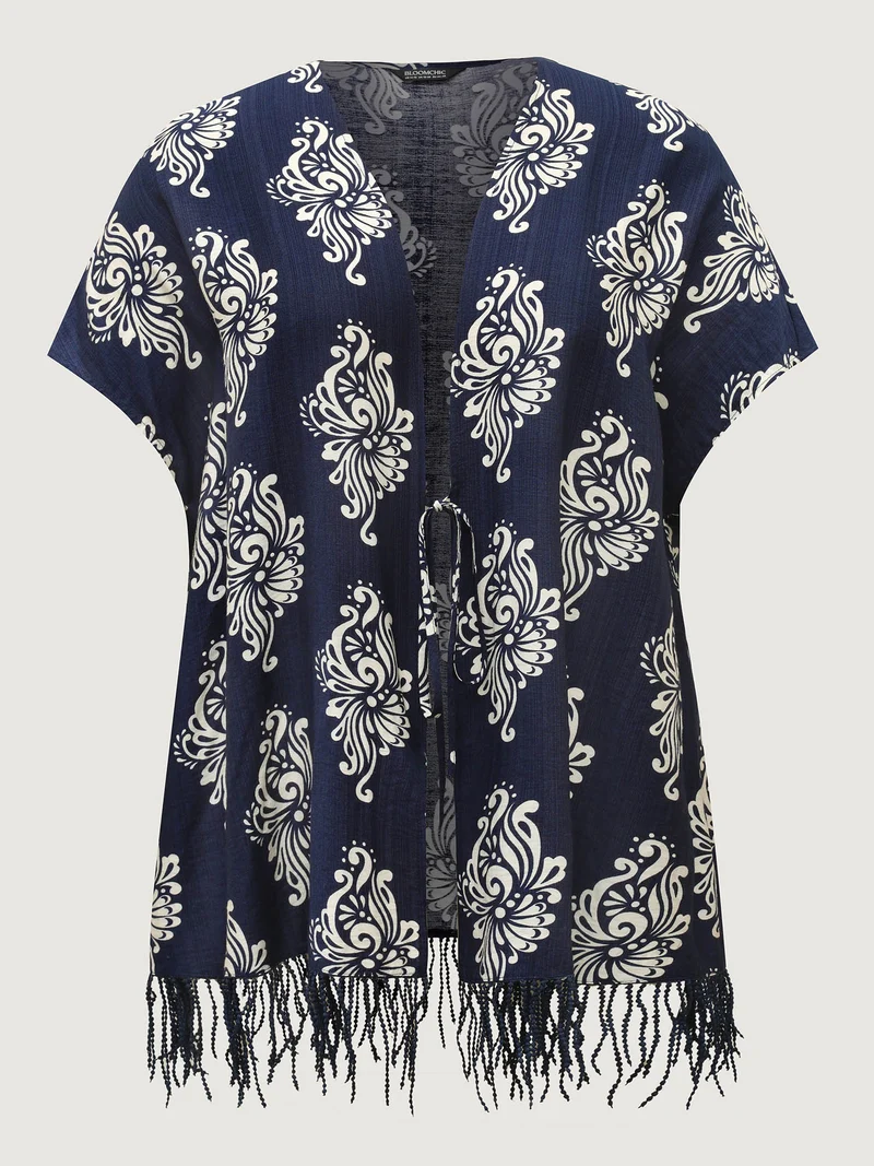 Boho Print Tassels Hem Kimono