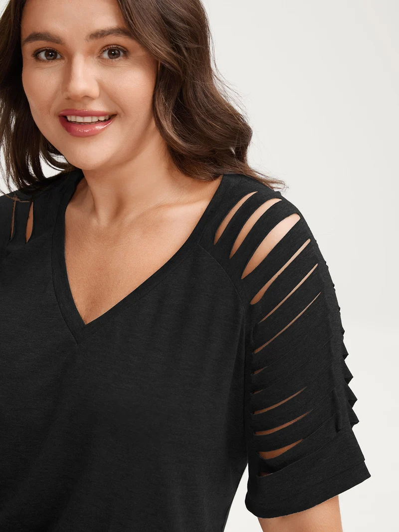 Cut-Out Sleeve V Neck T-Shirt
