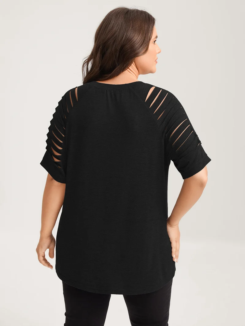 Cut-Out Sleeve V Neck T-Shirt
