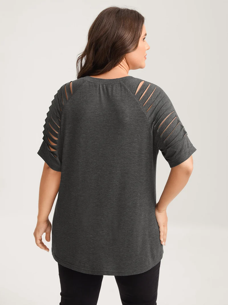 Cut-Out Sleeve V Neck T-Shirt