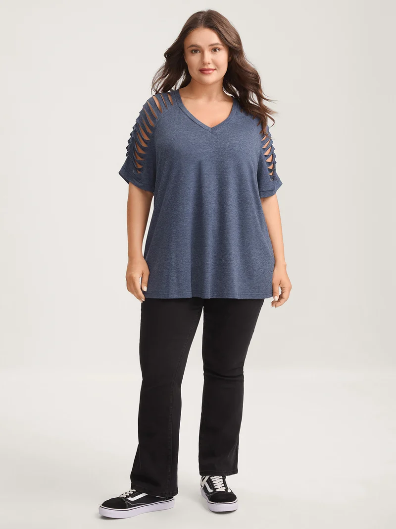 Cut-Out Sleeve V Neck T-Shirt