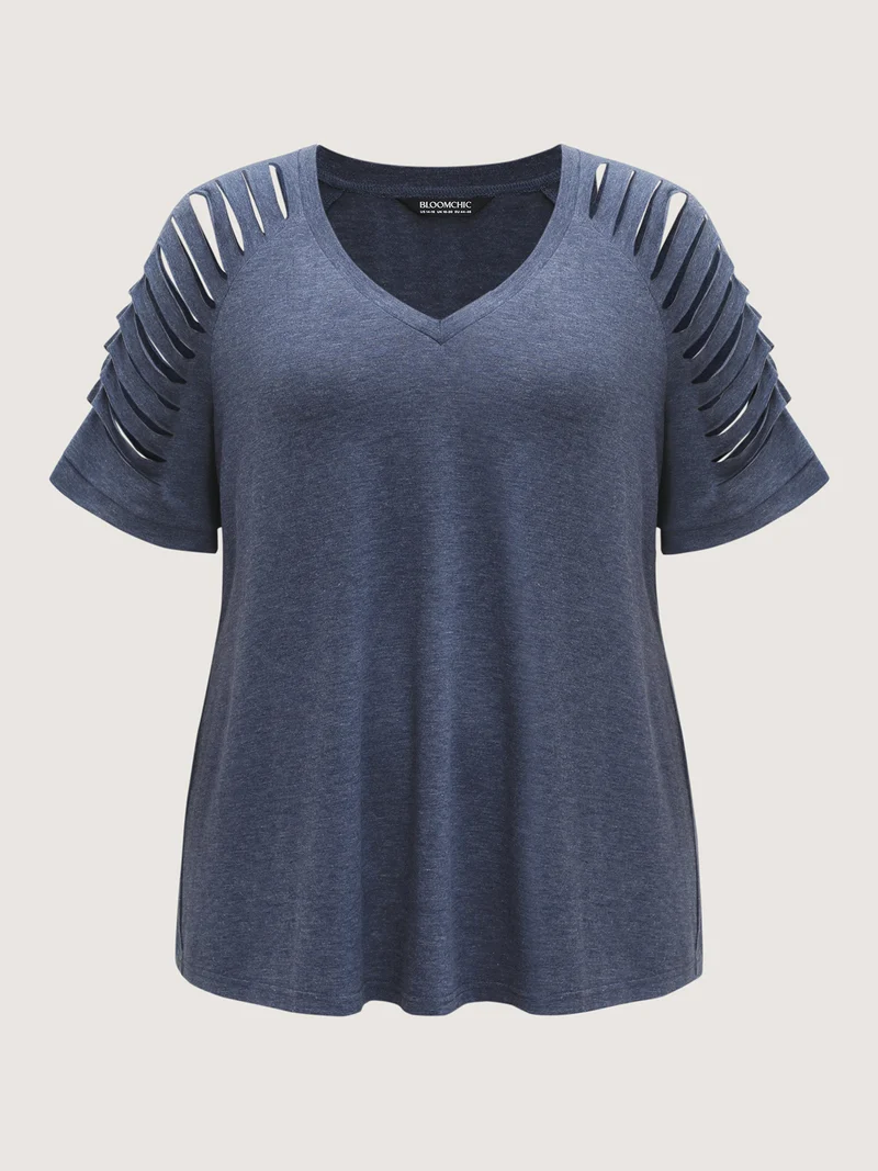 Cut-Out Sleeve V Neck T-Shirt
