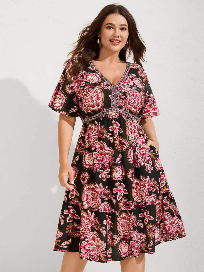 Paisley Print Stretchy Waist Pockets Midi Dress