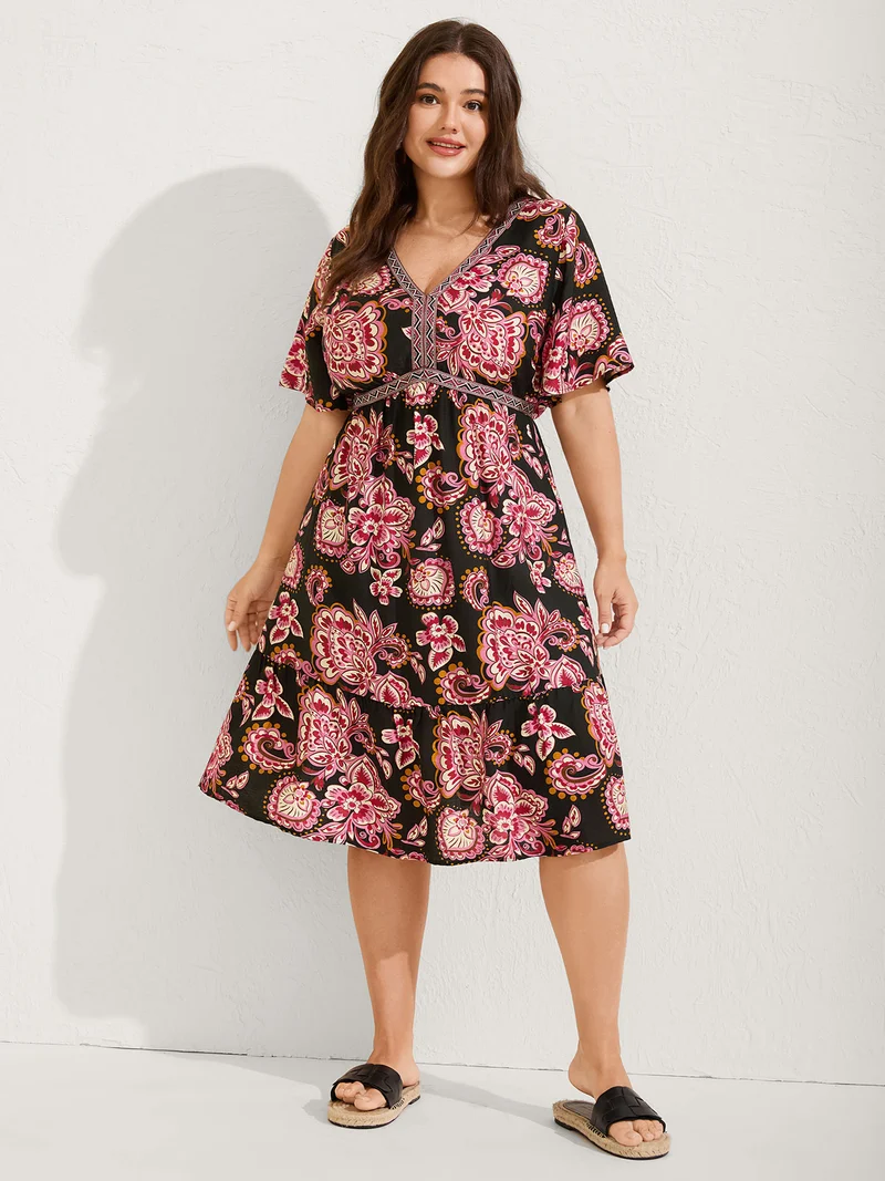 Paisley Print Stretchy Waist Pockets Midi Dress