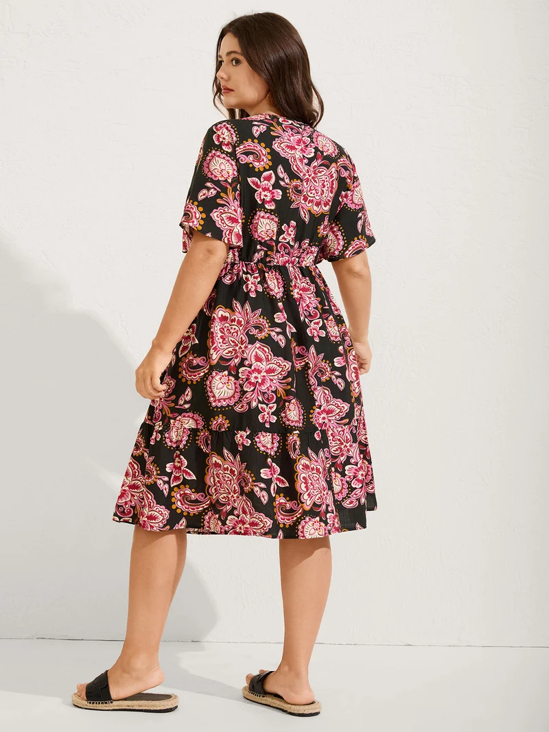Paisley Print Stretchy Waist Pockets Midi Dress