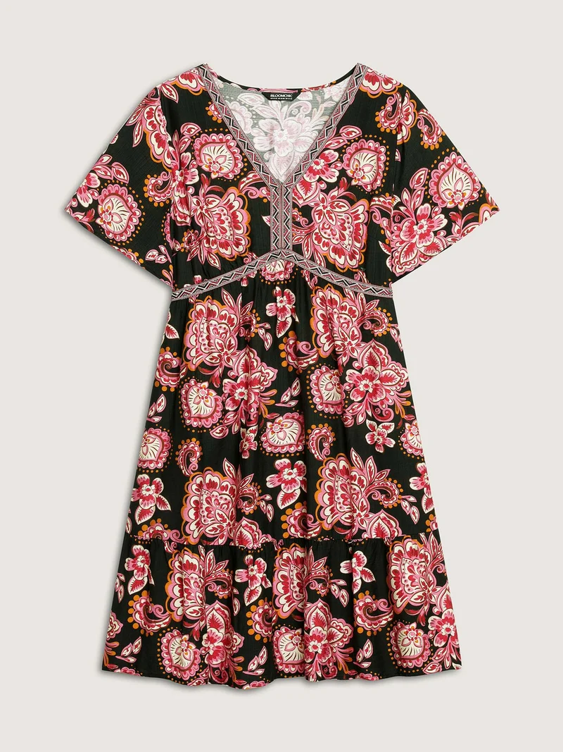 Paisley Print Stretchy Waist Pockets Midi Dress