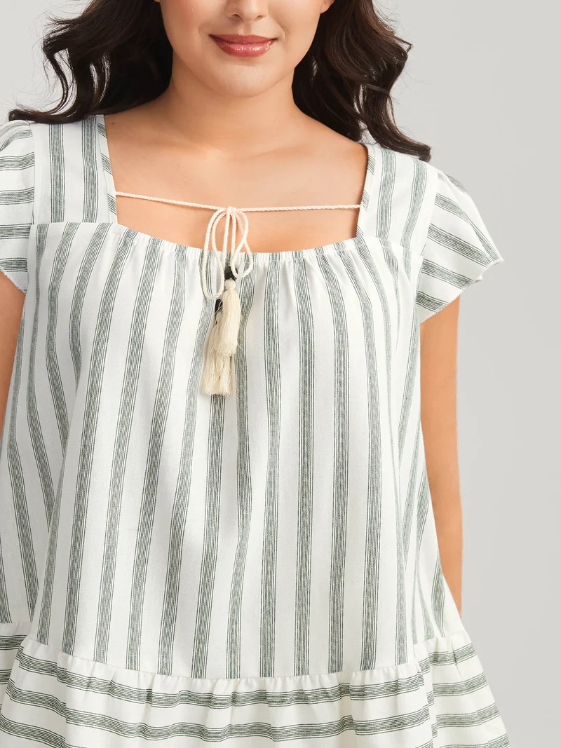 Classic Stripes Square Neck Tassels Blouse