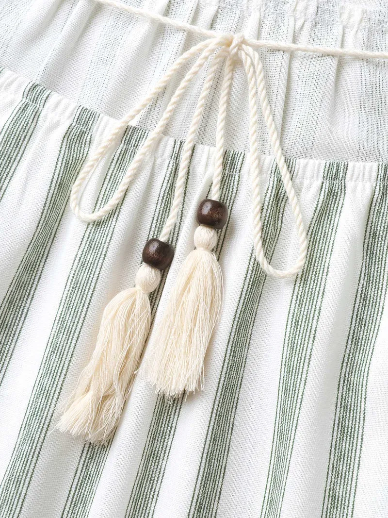 Classic Stripes Square Neck Tassels Blouse
