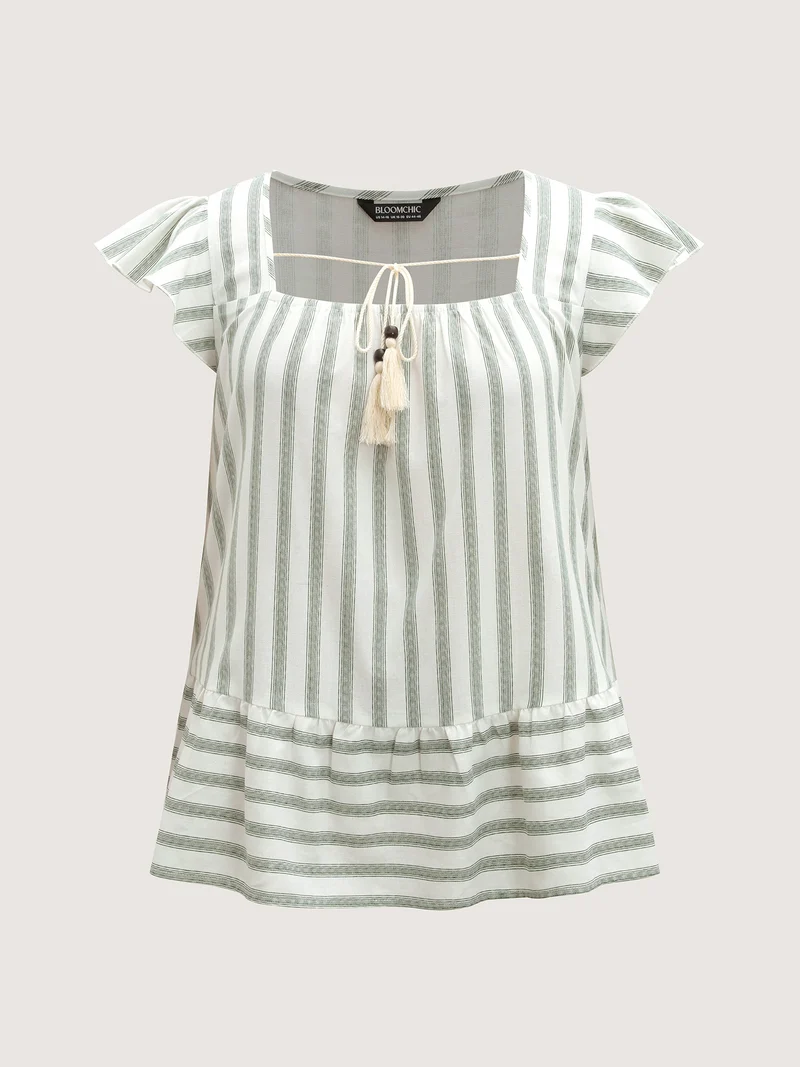 Classic Stripes Square Neck Tassels Blouse