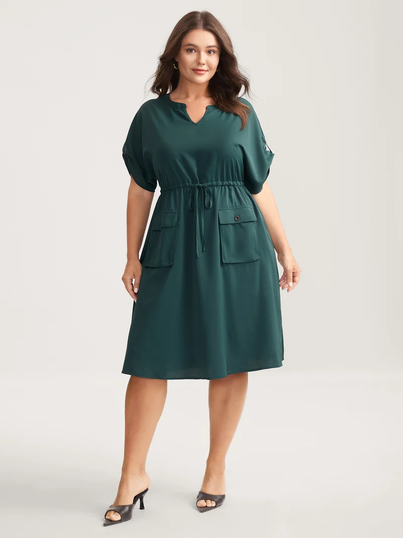 Solid Waist Drawstring Pockets Midi Dress