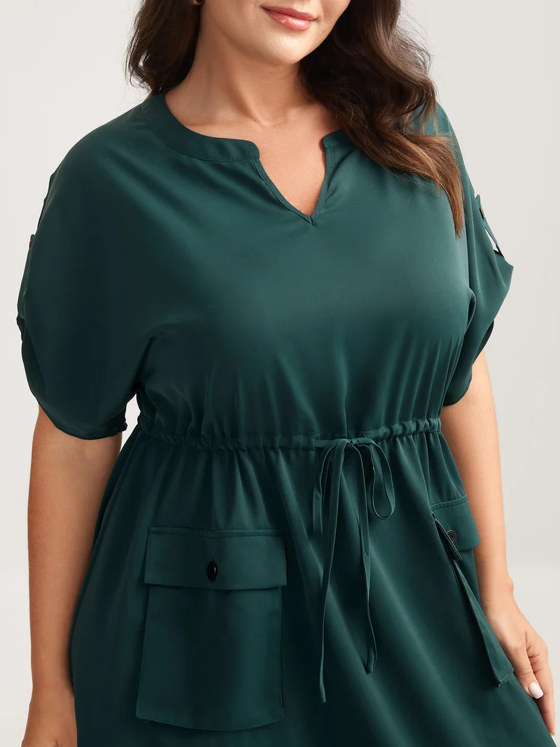 Solid Waist Drawstring Pockets Midi Dress