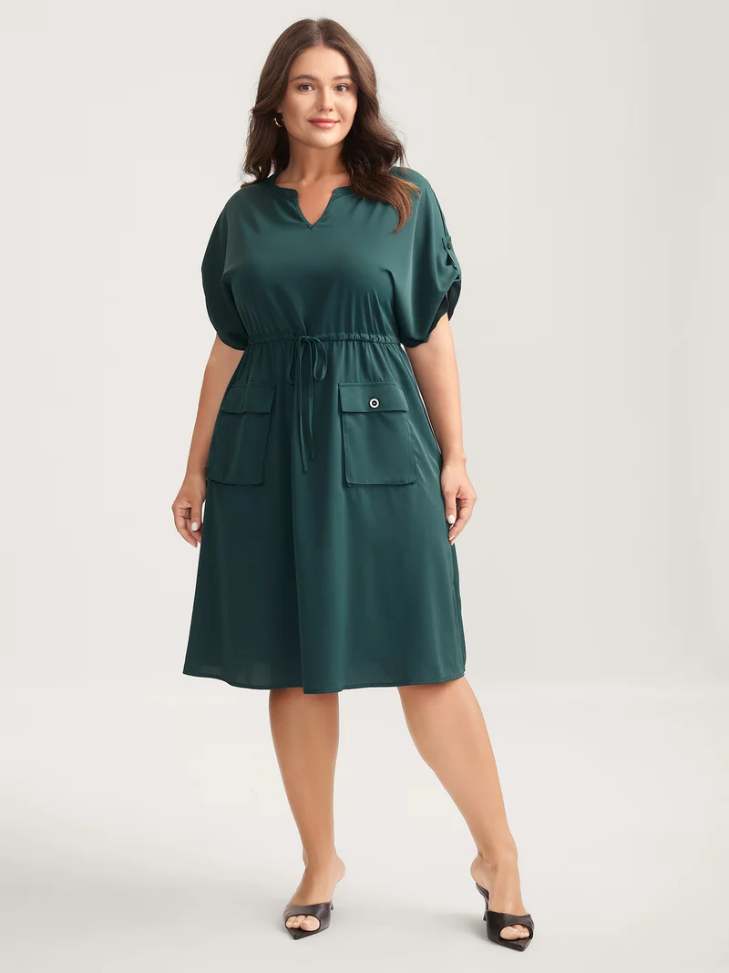 Solid Waist Drawstring Pockets Midi Dress