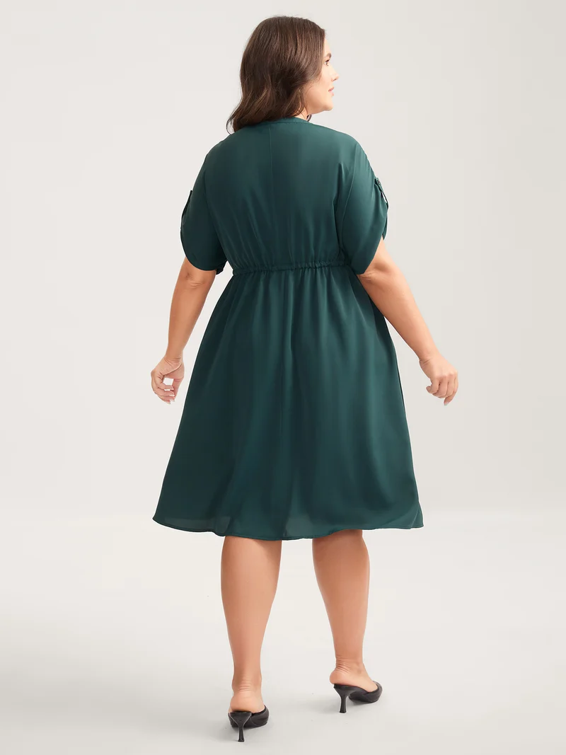 Solid Waist Drawstring Pockets Midi Dress