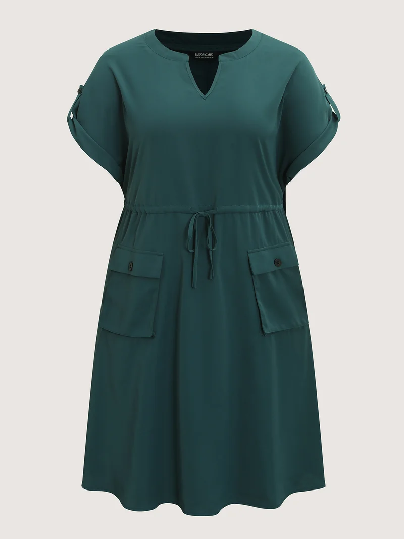 Solid Waist Drawstring Pockets Midi Dress