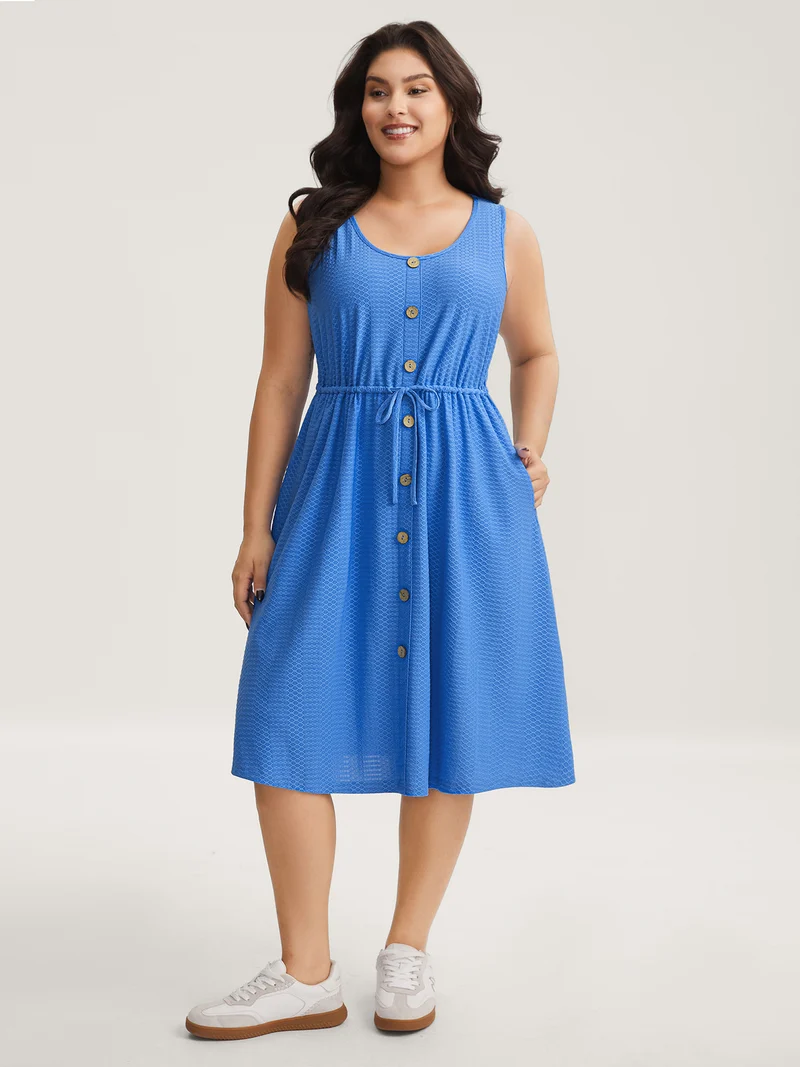 Textured Waist Drawstring Pockets Midi Dress
