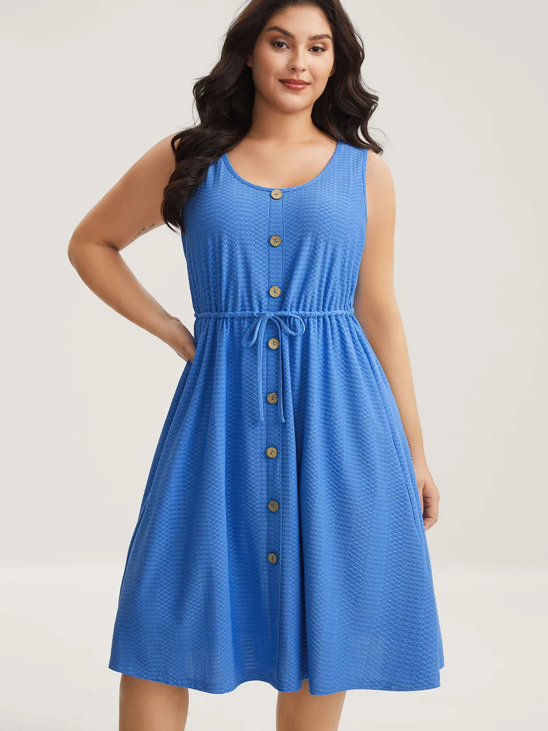 Textured Waist Drawstring Pockets Midi Dress