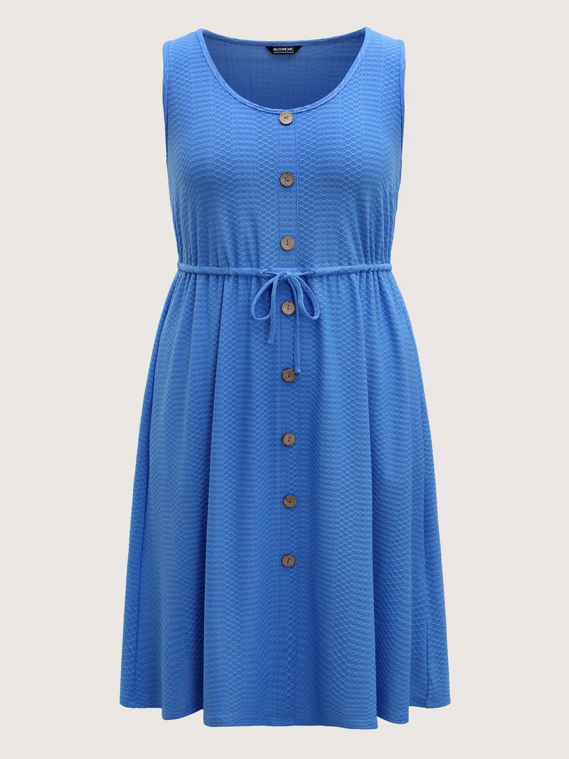 Textured Waist Drawstring Pockets Midi Dress