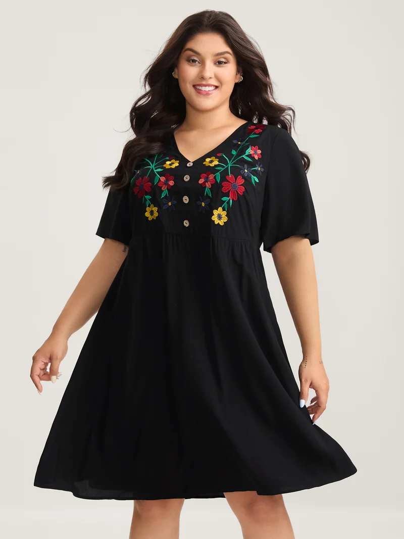 Rayon Floral Embroidery Midi Dress