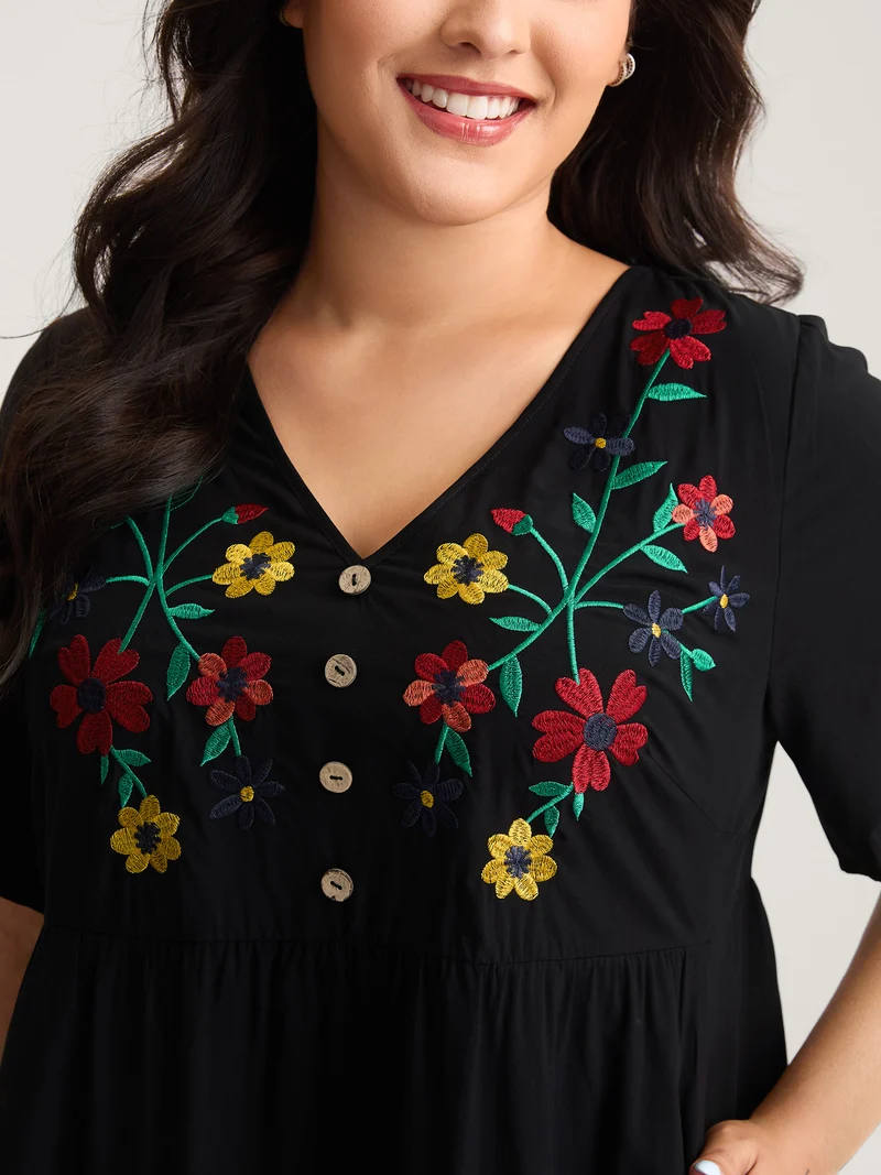 Rayon Floral Embroidery Midi Dress