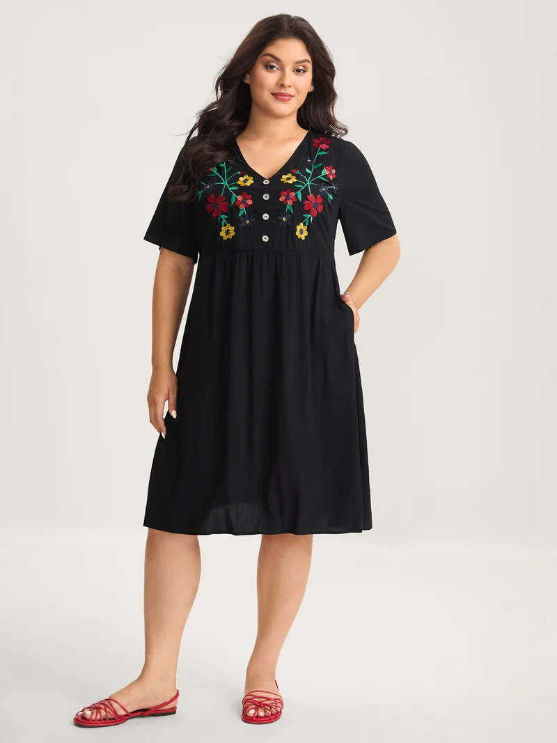 Rayon Floral Embroidery Midi Dress