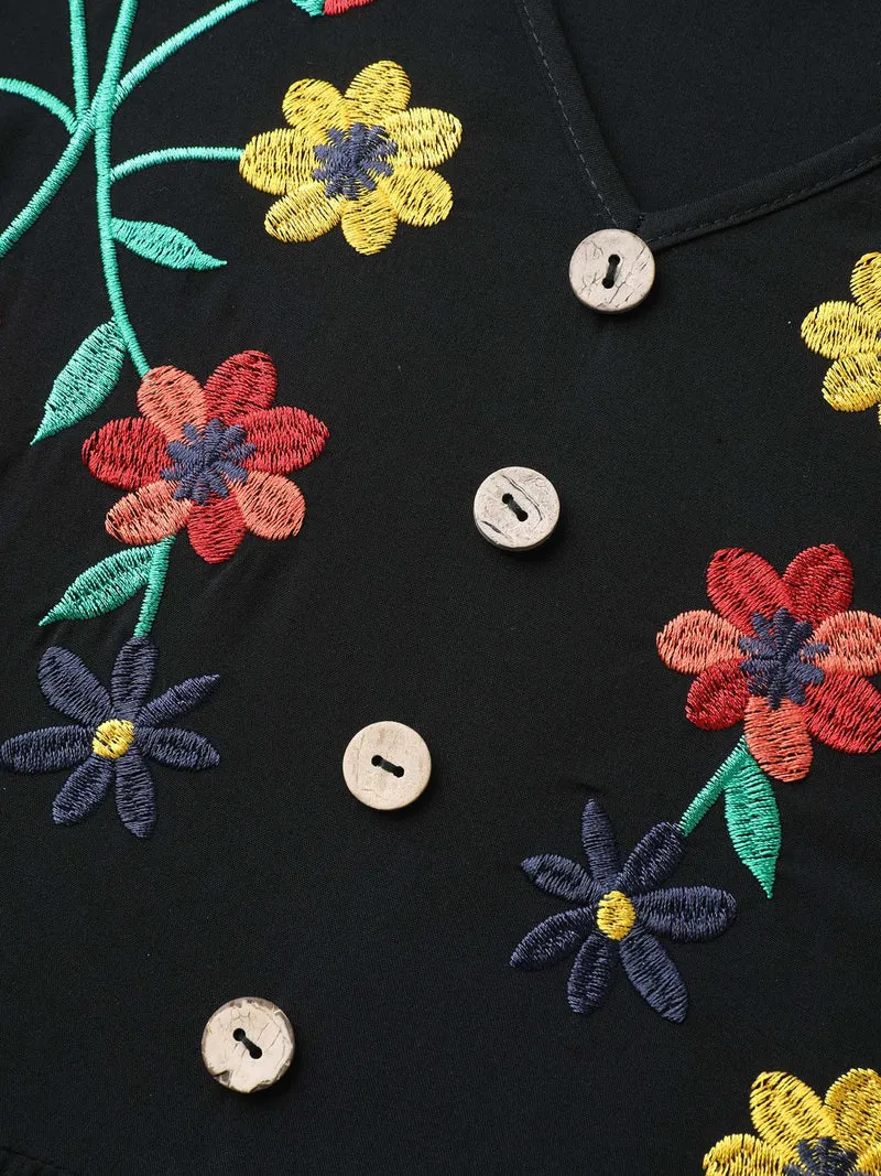 Rayon Floral Embroidery Midi Dress