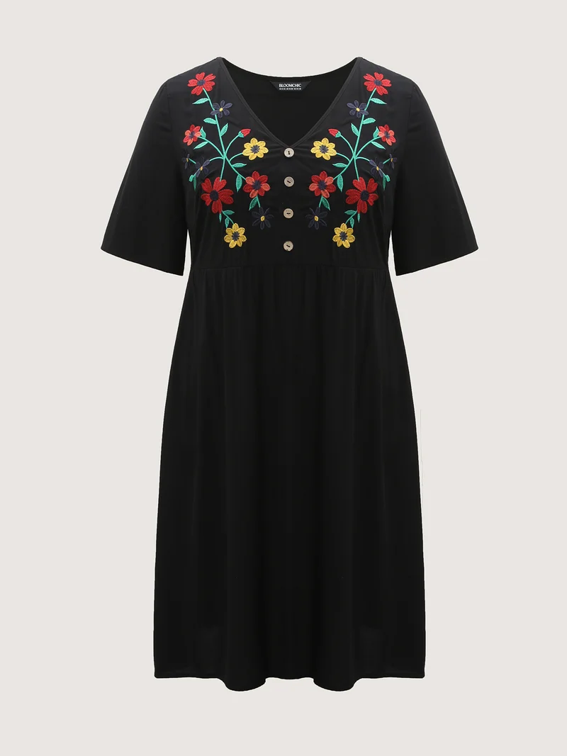 Rayon Floral Embroidery Midi Dress
