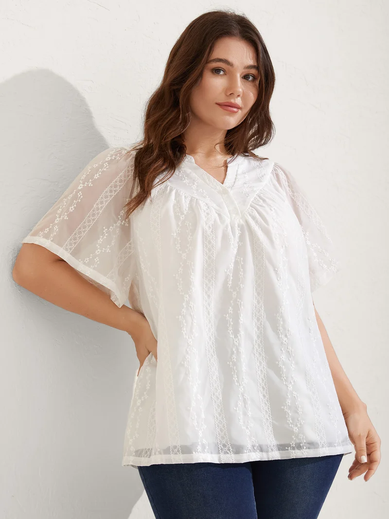 Embroidered Notched Collar Sheer Blouse