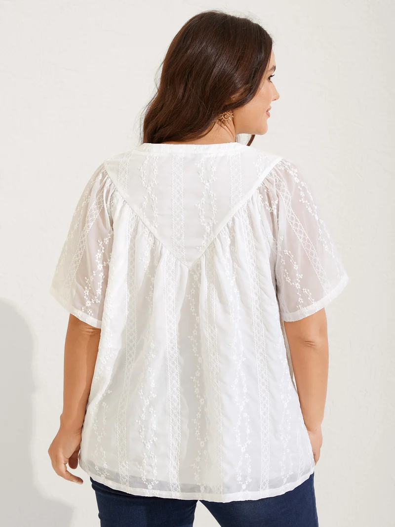 Embroidered Notched Collar Sheer Blouse