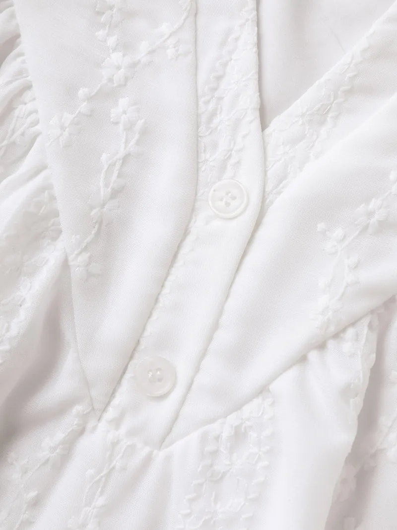 Embroidered Notched Collar Sheer Blouse