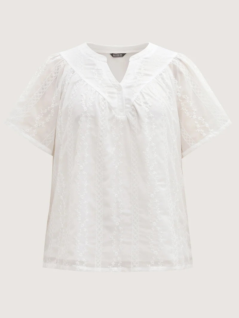 Embroidered Notched Collar Sheer Blouse
