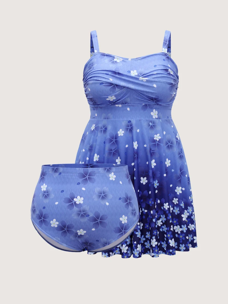 Floral Print Twist Front Ombre Swim Dress
